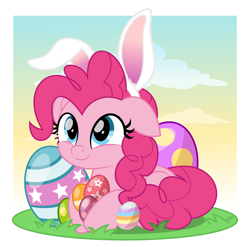 Size: 5000x4935 | Tagged: safe, artist:jhayarr23, part of a set, pinkie pie, earth pony, pony, g4, absurd resolution, bunny ears, cloud, cute, diapinkes, easter, easter bunny, easter egg, female, floppy ears, holiday, jhayarr23 is trying to murder us, mare, prone, sky, solo, weapons-grade cute, ych result