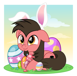 Size: 5000x4935 | Tagged: safe, artist:jhayarr23, part of a set, oc, oc only, oc:ace play, earth pony, pony, absurd resolution, bunny ears, cute, easter, easter bunny, easter egg, facial hair, floppy ears, goatee, holiday, male, ocbetes, prone, solo, stallion, ych result