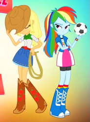 Size: 407x549 | Tagged: safe, applejack, rainbow dash, equestria girls, g4, my little pony equestria girls: friendship games, ball, boots, friends, hat, intro, shoes, together