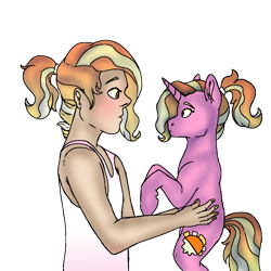 Size: 1000x1000 | Tagged: safe, artist:bublebee123, artist:xsugarxwolfiex, color edit, edit, luster dawn, human, pony, unicorn, g4, alternate hairstyle, blushing, clothes, collaboration, colored, confused, duality, female, holding a pony, human ponidox, humanized, mare, nail polish, self paradox, self ponidox, simple background, tank top, transparent background