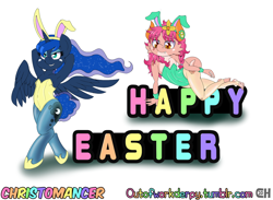 Size: 1280x935 | Tagged: safe, artist:outofworkderpy, princess luna, oc, oc:parsa, alicorn, kobold, pony, g4, armpits, brony, bunny ears, bunny suit, christomancer, clothes, costume, crossover, cuffs (clothes), easter, female, holiday, koigzist, mare, out of work derpy, outofworkderpy, princess