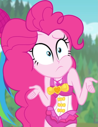 Size: 663x862 | Tagged: safe, screencap, pinkie pie, rainbow dash, equestria girls, equestria girls series, forgotten friendship, g4, blurry background, bowtie, clothes, cloud, confused, cropped, curly hair, cute, diapinkes, female, forest background, geode of sugar bombs, jewelry, legs, magical geodes, necklace, outdoors, pinkie pie swimsuit, shrug, sky, sleeveless, swimsuit