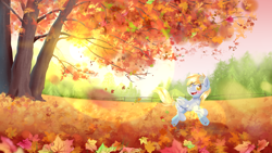 Size: 4000x2248 | Tagged: safe, artist:patchnpaw, derpy hooves, pegasus, pony, g4, autumn, female, high res, leaves, lens flare, mare, nature, running, solo, tree, wallpaper