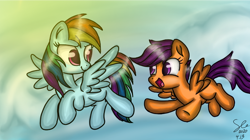 Size: 720x404 | Tagged: safe, artist:starflashing twinkle, rainbow dash, scootaloo, pegasus, pony, g4, cloud, cute, cutealoo, dashabetes, eye, eyes, flying, happy, hooves, open mouth, scootaloo can fly, scootalove, sky, sunshine, wings