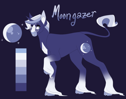 Size: 2848x2244 | Tagged: safe, artist:puppygeist, oc, oc only, oc:moongazer, classical unicorn, pony, unicorn, blue background, cloven hooves, glasses, high res, horn, leonine tail, magical lesbian spawn, male, offspring, parent:rarity, parent:twilight sparkle, parents:rarilight, raised hoof, reference sheet, simple background, solo, stallion, unshorn fetlocks