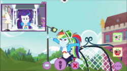 Size: 1920x1080 | Tagged: safe, screencap, rainbow dash, rarity, equestria girls, equestria girls series, festival looks, g4, spoiler:eqg series (season 2), animated, bicycle kick, clothes, female, football, picture-in-picture, rainbow socks, rarity's bedroom, shoes, sneakers, soccer field, soccer goalpost, socks, sound, sports, striped socks, touchdown, visor, webm