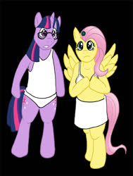 Size: 490x648 | Tagged: safe, artist:rabbi-tom, fluttershy, twilight sparkle, pegasus, pony, unicorn, g4, bipedal, brad majors, clothes, crossover, duo, female, janet weiss, mare, rocky horror picture show, unicorn twilight