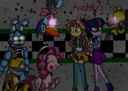 Size: 916x654 | Tagged: safe, artist:st, pinkie pie, rainbow dash, sunset shimmer, twilight sparkle, bear, earth pony, human, pony, rabbit, robot, robot pony, equestria girls, animal, bow, bowtie, clothes, crossover, female, five nights at freddy's, freddy fazbear, glowing eyes, golden freddy, hat, headgear, jacket, male, mangle, mask, photo, roboticization, shipping, shoes, skirt, smiling, straight, toy bonnie, toy freddy, vent, withered chica