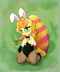 Size: 1200x1440 | Tagged: safe, artist:klemm, carrot top, golden harvest, earth pony, pony, g4, bunny ears, bunny suit, carrot, clothes, cuffs (clothes), cute, cutie top, easter, easter bunny, easter egg, female, fishnet stockings, food, herbivore, holiday, kneeling, mare, solo