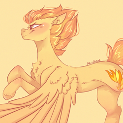 Size: 1080x1080 | Tagged: safe, artist:akiiichaos, spitfire, pegasus, pony, g4, chest fluff, ear fluff, female, mare, orange background, profile, simple background, solo, spread wings, wings