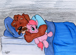 Size: 753x541 | Tagged: safe, artist:rabbi-tom, pinkie pie, dog, earth pony, pony, anthro, g4, bed, commission, female, furry, pillow, plushie, sleeping, solo, toy, traditional art