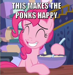 Size: 670x687 | Tagged: safe, edit, edited screencap, screencap, pinkie pie, earth pony, pony, every little thing she does, g4, season 6, bowl, caption, cropped, cute, diapinkes, eyes closed, female, image macro, meme, mixing bowl, ponk, smiling, solo, text