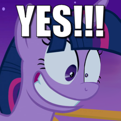 Size: 640x640 | Tagged: safe, edit, edited screencap, editor:eddy original, screencap, twilight sparkle, alicorn, pony, between dark and dawn, g4, caption, crazy face, cropped, excessive exclamation marks, exclamation point, faic, female, image macro, insanity, mare, meme, solo, text, twilight snapple, twilight sparkle (alicorn), yes