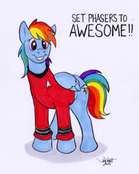 Size: 490x612 | Tagged: safe, artist:rabbi-tom, rainbow dash, pegasus, pony, g4, clothes, cutie mark, female, mare, redshirt, solo, star trek, star trek (tos), text, this will end in death, traditional art, uniform, wings