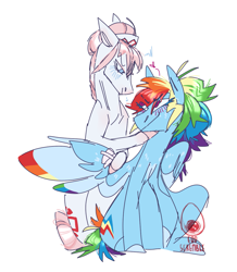Size: 997x1144 | Tagged: safe, artist:eqq_scremble, derpibooru exclusive, nurse redheart, rainbow dash, earth pony, pegasus, pony, g4, backwards cutie mark, bandage, clothes, colored hooves, colored wings, colored wingtips, crack shipping, duo, female, hat, headcanon, lesbian, looking at each other, nurse hat, rainheart, shipping, simple background