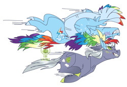 Size: 1377x943 | Tagged: safe, artist:eqq_scremble, derpibooru exclusive, limestone pie, rainbow dash, earth pony, pegasus, pony, g4, colored hooves, colored wings, colored wingtips, crack shipping, duo, female, flying, headcanon, lesbian, limedash, looking at each other, racing, running, shipping, simple background, upside down