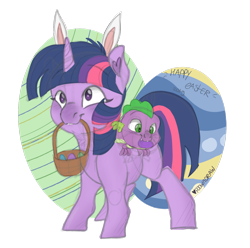 Size: 1280x1268 | Tagged: safe, artist:poowndraww, spike, twilight sparkle, dragon, pony, unicorn, g4, baby, baby spike, basket, blank flank, bunny ears, cute, duo, ear fluff, easter, easter basket, easter bunny, easter egg, female, filly, filly twilight sparkle, holiday, male, mouth hold, smiling, sparkle siblings, spikabetes, twiabetes, unicorn twilight, younger