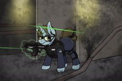Size: 3000x2008 | Tagged: safe, artist:aaathebap, oc, oc only, pony, unicorn, armor, armored pony, clothes, dark, dim light, fog, gun, high res, horn, invisible, invisible stallion, laser, laser pointer, lights, magic, pipe, safety goggles, subject 617, the hidden, unicorn oc, uniform, weapon