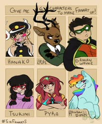 Size: 2500x3050 | Tagged: safe, artist:minteakat, rainbow dash, deer, human, pegasus, pony, reindeer, anthro, g4, anthro with ponies, antlers, batman, beastars, bust, clothes, costume, crossed arms, crossover, damian wayne, dc comics, female, glasses, grin, hanako, high res, male, mare, mask, out of frame, pyra, robin, six fanarts, smiling, toilet-bound hanako-kun, xenoblade chronicles (series), xenoblade chronicles 2