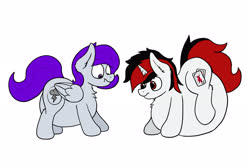 Size: 3000x2005 | Tagged: safe, artist:aaatheballoon, oc, oc only, oc:blackjack, oc:morning glory (project horizons), pegasus, pony, unicorn, fallout equestria, fallout equestria: project horizons, branded, chest fluff, cute, dashite, dashite brand, duo, ear fluff, fanfic art, female, high res, huge belly, inflation, lip bite, simple background, white background