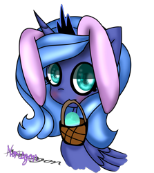 Size: 1846x2073 | Tagged: safe, artist:nersigon, princess luna, alicorn, pony, g4, basket, big eyes, crown, cute, easter, easter basket, easter egg, female, filly, holiday, horn, jewelry, looking at you, regalia, s1 luna, simple background, solo, transparent background, woona, younger