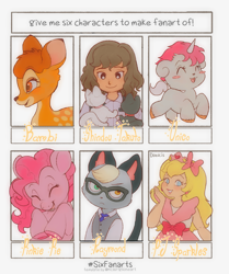 Size: 1715x2048 | Tagged: safe, artist:doekis, pinkie pie, cat, deer, earth pony, fawn, human, pony, unicorn, anthro, g4, animal crossing, anthro with ponies, bambi, blush sticker, blushing, bow, clothes, colored hooves, crossover, eyes closed, female, glasses, hair bow, heterochromia, inazuma eleven go, male, mare, necktie, pj sparkles, raymond, six fanarts, smiling, unico, vest