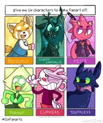 Size: 1005x1200 | Tagged: safe, artist:rolyjulioli, queen chrysalis, chameleon, changeling, changeling queen, dragon, gem (race), lizard, red panda, anthro, g4, :o, aggretsuko, animal crossing, anthro with ponies, clothes, crossover, cup, cuphead, cuphead (character), female, flick, gem, gloves, how to train your dragon, male, net, one eye closed, open mouth, peridot, peridot (steven universe), retsuko, sanrio, six fanarts, steven universe, studio mdhr, toothless the dragon, wink