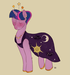 Size: 1407x1497 | Tagged: safe, artist:cushioncoin, twilight sparkle, pony, unicorn, g4, blushing, clothes, dress, ear piercing, earring, eyes closed, female, jewelry, piercing, signature, simple background, smiling, solo, unicorn twilight