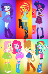 Size: 742x1146 | Tagged: safe, screencap, applejack, fluttershy, pinkie pie, rainbow dash, rarity, sci-twi, sunset shimmer, twilight sparkle, equestria girls, g4, my little pony equestria girls: friendship games, ball, book, clothes, female, glasses, hat, humane five, humane seven, humane six, intro, jacket