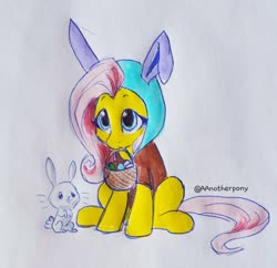 Size: 2048x1983 | Tagged: safe, artist:aanotherpony, angel bunny, fluttershy, pegasus, pony, rabbit, g4, animal, animal costume, basket, bunny costume, clothes, costume, duo, easter, easter basket, easter egg, female, holiday, mare, mouth hold, sitting, three quarter view, traditional art