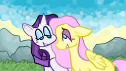 Size: 1280x720 | Tagged: safe, artist:obscureterror, fluttershy, rarity, pegasus, pony, unicorn, g4, eyeshadow, female, floppy ears, lesbian, looking at each other, looking at someone, makeup, mare, rock, ship:flarity, shipping, smiling, smiling at each other