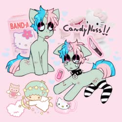 Size: 4096x4096 | Tagged: dead source, safe, artist:morbidspitt, oc, oc only, angel, pony, unicorn, bandaid, clothes, collar, crying, hello kitty, hello kitty (character), kiki (little twin stars), kitty white, knife, lidded eyes, lighter, little twin stars, mug, phone, pink background, ponysona, sanrio, scrapbook aesthetic, simple background, socks, solo, spiked collar, striped socks, tongue out