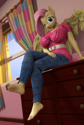 Size: 1620x2400 | Tagged: safe, artist:shadowboltsfm, fluttershy, pegasus, anthro, plantigrade anthro, g4, 3d, barefoot, bedroom, big breasts, breasts, busty fluttershy, clothes, feet, female, foot focus, jeans, looking at you, nail polish, pants, sitting, smiling, solo, source filmmaker, toenail polish, toes