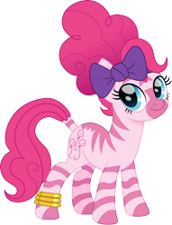 Size: 1146x1500 | Tagged: safe, artist:cloudy glow, pinkie pie, pony, zebra, g4, anklet, bow, cute, diapinkes, female, hair bow, looking at you, mare, movie accurate, quadrupedal, ribbon, simple background, solo, species swap, transparent background, zebrafied