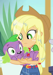 Size: 464x661 | Tagged: safe, screencap, applejack, spike, spike the regular dog, dog, equestria girls, g4, my little pony equestria girls: better together, my little shop of horrors, cropped, duo, female, holding a dog, male, water, wet hair, wide eyes