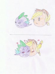 Size: 768x1040 | Tagged: artist needed, source needed, safe, applejack, spike, dragon, earth pony, pony, g4, appleball, ball, blob ponies, blushing, cheek kiss, female, heart, kissing, love, male, mare, ship:applespike, shipping, spall, straight, traditional art
