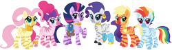 Size: 6000x1755 | Tagged: safe, artist:cloudy glow, applejack, fluttershy, pinkie pie, rainbow dash, rarity, twilight sparkle, zebra, g4, braid, braided tail, cute, dashabetes, diapinkes, dock, ear piercing, earring, female, furry leg warmers, jackabetes, jewelry, looking at you, mane six, mare, movie accurate, necklace, piercing, potion, raised hoof, raribetes, ribbon, shyabetes, simple background, species swap, transparent background, twiabetes, zebrafied, zebrajack