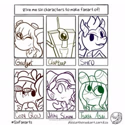 Size: 2048x2048 | Tagged: safe, artist:alexiatherook, cozy glow, dragon, mouse, pegasus, pony, anthro, g4, anthro with ponies, borderlands, claptrap, crossover, female, filly, gadget, high res, hooves together, lineart, male, mighty magiswords, monochrome, my hero academia, one eye closed, six fanarts, spyro the dragon, spyro the dragon (series), tsuyu asui, wink, witchy simone