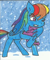 Size: 580x688 | Tagged: safe, artist:cmara, rainbow dash, spike, dragon, pegasus, pony, g4, angry, blizzard, duo, female, holding a dragon, male, mare, one eye closed, snow, snowfall, traditional art, wing shelter