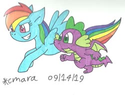 Size: 976x739 | Tagged: safe, artist:cmara, rainbow dash, spike, dragon, pegasus, pony, g4, female, male, mare, running, traditional art, winged spike, wings