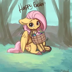 Size: 4000x4000 | Tagged: safe, artist:miokomata, fluttershy, oc, pegasus, pony, rabbit, g4, animal, basket, colored hooves, cute, easter, easter basket, female, floppy ears, freckles, freckleshy, holiday, looking at you, mare, mouth hold, outdoors, shyabetes, sitting, spread wings, underhoof, weapons-grade cute, wings