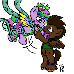 Size: 1000x1000 | Tagged: safe, artist:dawn-designs-art, oc, oc:bumper, oc:rainbow coral, pegasus, pony, abduction, digital art, foalnapping, frightened, kidnapped, monster, scared, tentacles