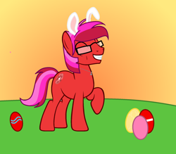 Size: 1736x1520 | Tagged: safe, artist:ngthanhphong, oc, oc:ruby star, bunny ears, cheerful, easter, easter egg, glasses, holiday, jewelry, necklace, scar