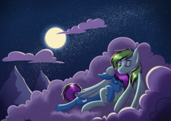 Size: 4961x3508 | Tagged: safe, artist:cha-squared, oc, oc:leo montagero, oc:neon dreams, pegasus, pony, cloud, commission, complex background, covering, cute, green eyes, holding a pony, hugging a pony, moon, mountain, night, oc x oc, on a cloud, shipping, sky, sleeping, stars