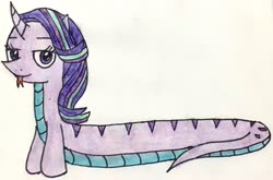 Size: 2520x1660 | Tagged: safe, artist:melisareb, starlight glimmer, lamia, original species, pony, snake, snake pony, unicorn, g4, female, forked tongue, i can't believe it's not 徐詩珮, lamiafied, lidded eyes, long glimmer, looking at you, meme, solo, species swap, tongue out, traditional art