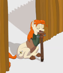 Size: 1298x1496 | Tagged: safe, artist:jasper, derpibooru exclusive, oc, oc only, oc:nordpone, earth pony, pony, clothes, fence, sleeping, snow, solo, sword, weapon