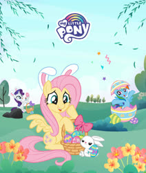 Size: 1080x1274 | Tagged: safe, angel bunny, fluttershy, rainbow dash, rarity, pegasus, pony, unicorn, g4, official, basket, bunny ears, cute, easter, easter basket, easter egg, flower, holiday, my little pony logo, ribbon