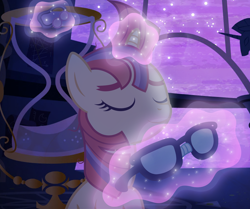 Size: 1010x845 | Tagged: safe, artist:rish--loo, moondancer, pony, unicorn, g4, bust, eyes closed, female, glasses, glasses off, glowing horn, hair tie, horn, hourglass, levitation, loose hair, magic, night, smiling, solo, telekinesis, twilight's canterlot home, vector