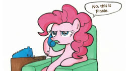 Size: 807x456 | Tagged: safe, artist:madmax, edit, pinkie pie, earth pony, pony, g4, armchair, big pink loser, chair, phone, spongebob squarepants, stop calling me