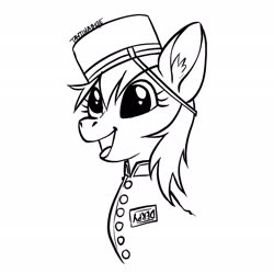 Size: 2048x2048 | Tagged: safe, artist:taytinabelle, derpy hooves, pegasus, pony, g4, bellhop pony, black and white, button-up shirt, clothes, cute, digital art, ear fluff, female, grayscale, happy, hat, high res, lineart, mare, monochrome, name tag, open mouth, simple background, smiling, solo, tongue out, uniform, white background